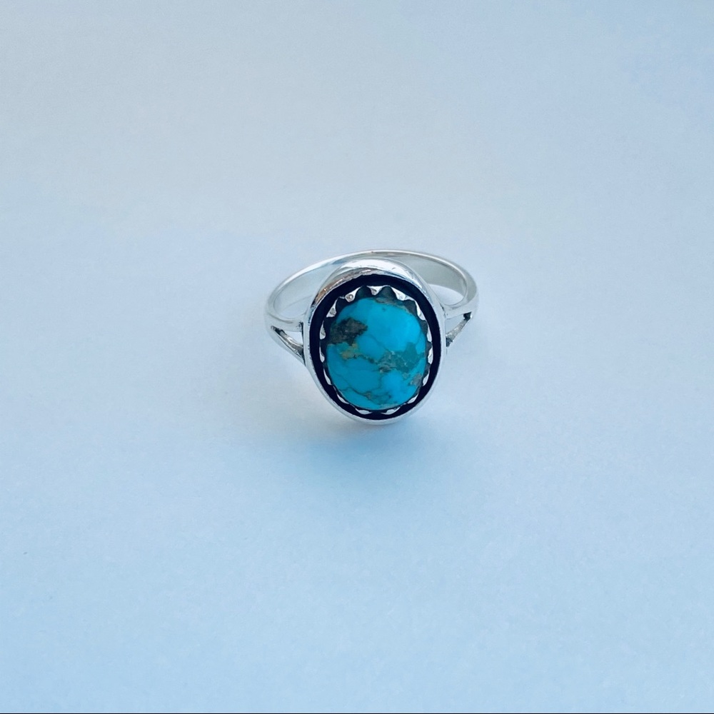 Sterling Silver Round Genuine Turquoise Ring, Stone Ring, Silver Ring, Boho Ring - Picture 9 of 13